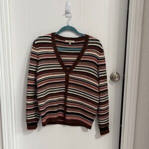 Striped V‑Neck Button Cardigan in Brown and Pink